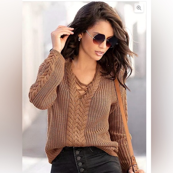 Lascana Sweaters - Lascana Golden Brown Lace Up Sweater- Size 4-6